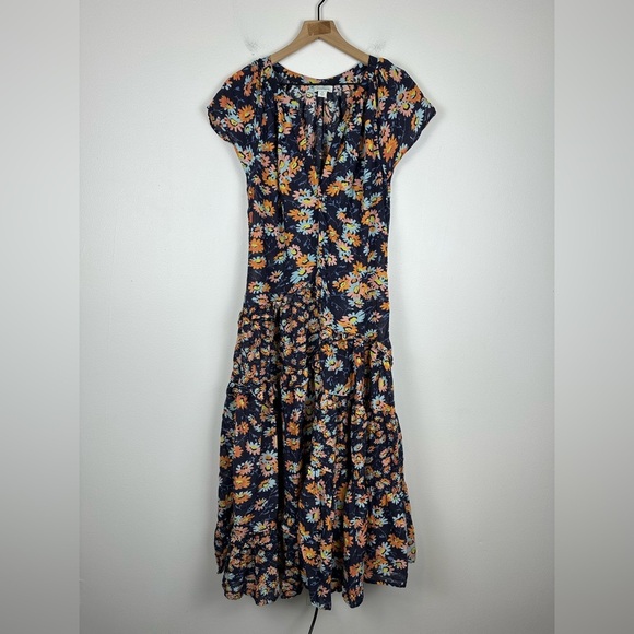 Sundace Pretty Petals Floral Blue Romantic Tiered Ruffle Midi Dress Sz M - Picture 2 of 8